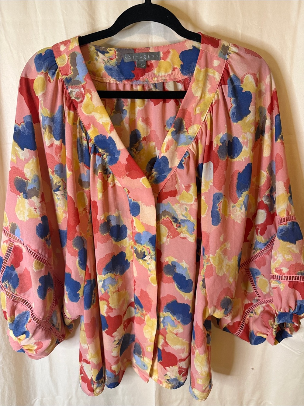 Sharagano Pink Floral Paint-Brush Print V-Neck Blouse